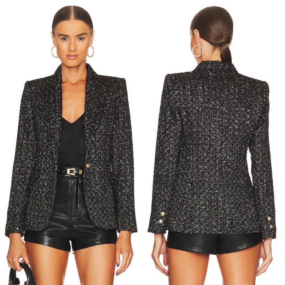 🆕 L’AGENCE Chamberlain Metallic Tweed Blazer in Black Multi Sz 4